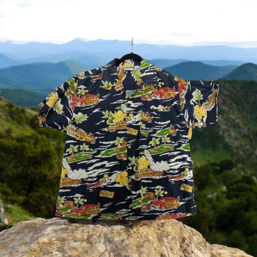 Reservoir Hawaiian Shirt Mens Large Blue Navy Beach Surrfer Print Short Sleeve